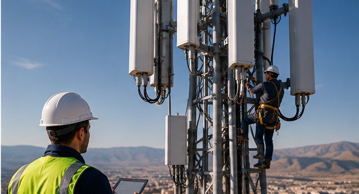 Telecommunications technicians inspecting cellular tower equipment