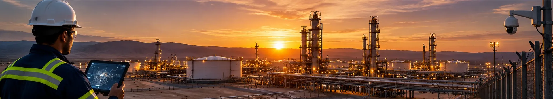 Engineer reviewing oil and gas safety and security systems on a tablet at a facility at sunset