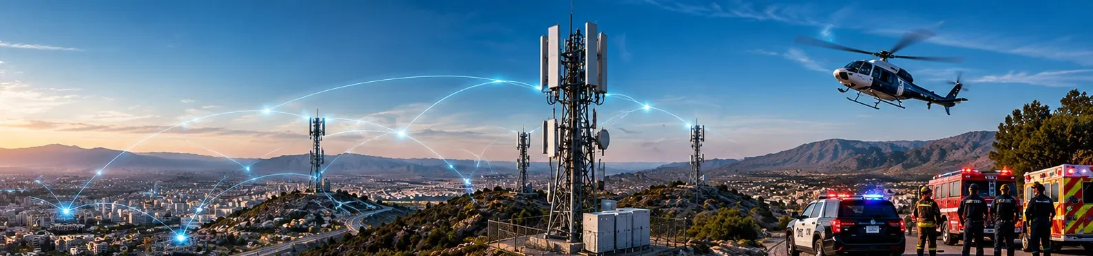 Illustration of a dedicated public safety broadband network: connected cellular towers above a city, with emergency responders and vehicles