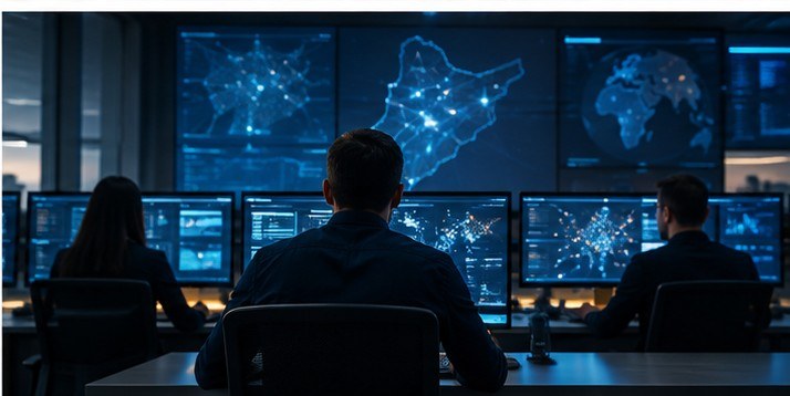 Network operations team monitoring public safety communications systems